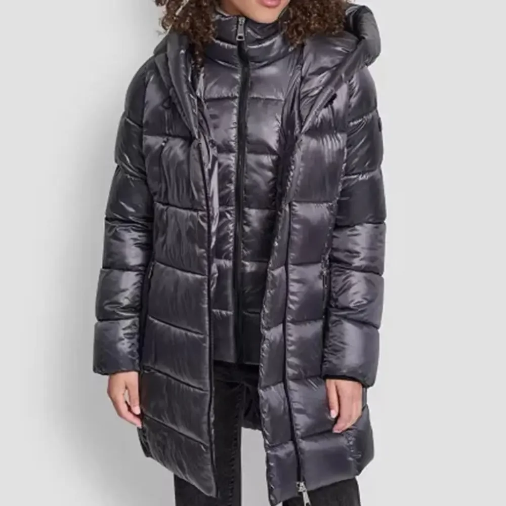 NWT DKNY Titan Black Bibbed Shawl-Collar Packable Shine Puffer Coat Size S